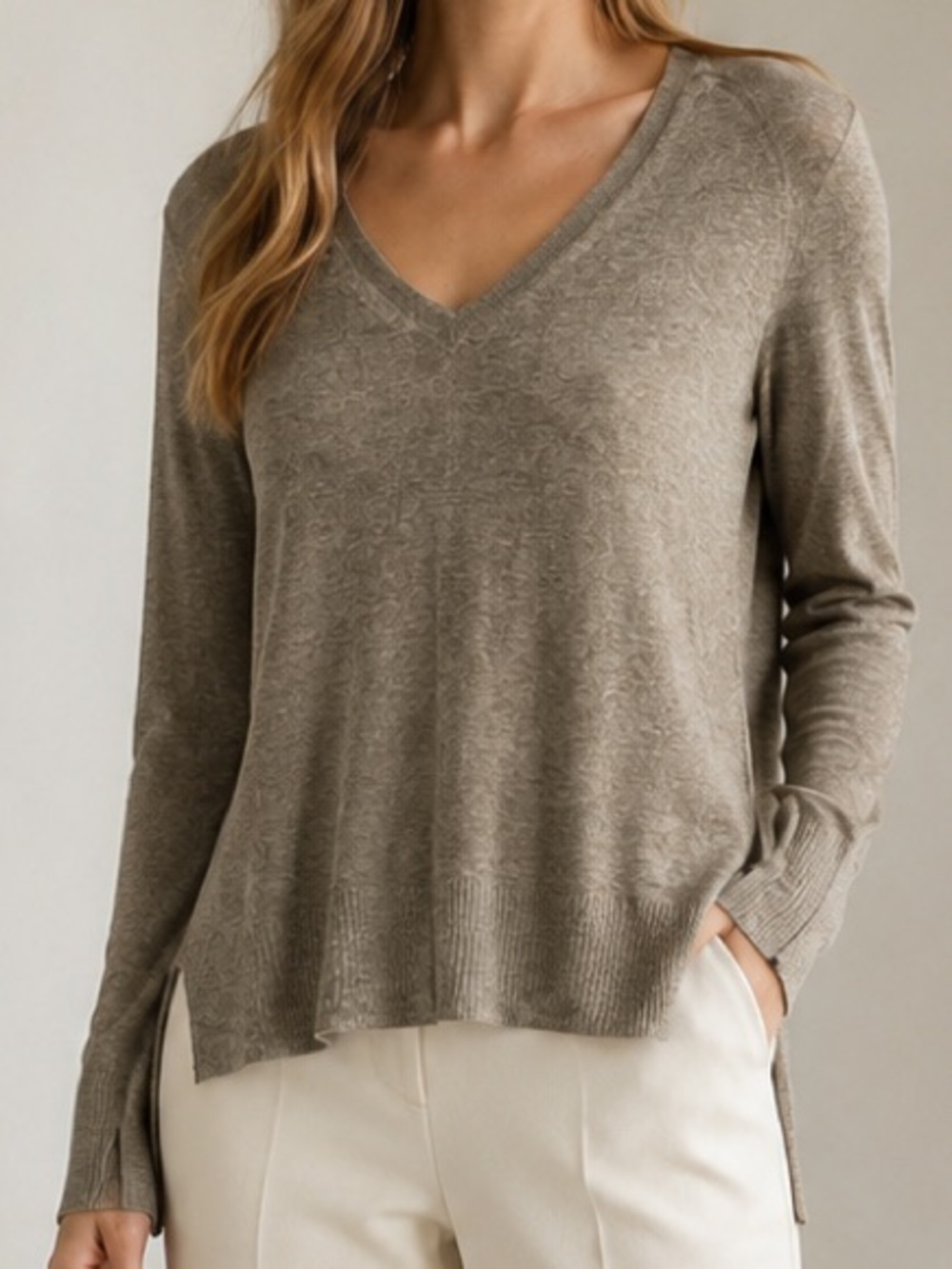 Brochu Walker XS Lightweight Deep V-Neck Semi-Sheer Knit Sweater